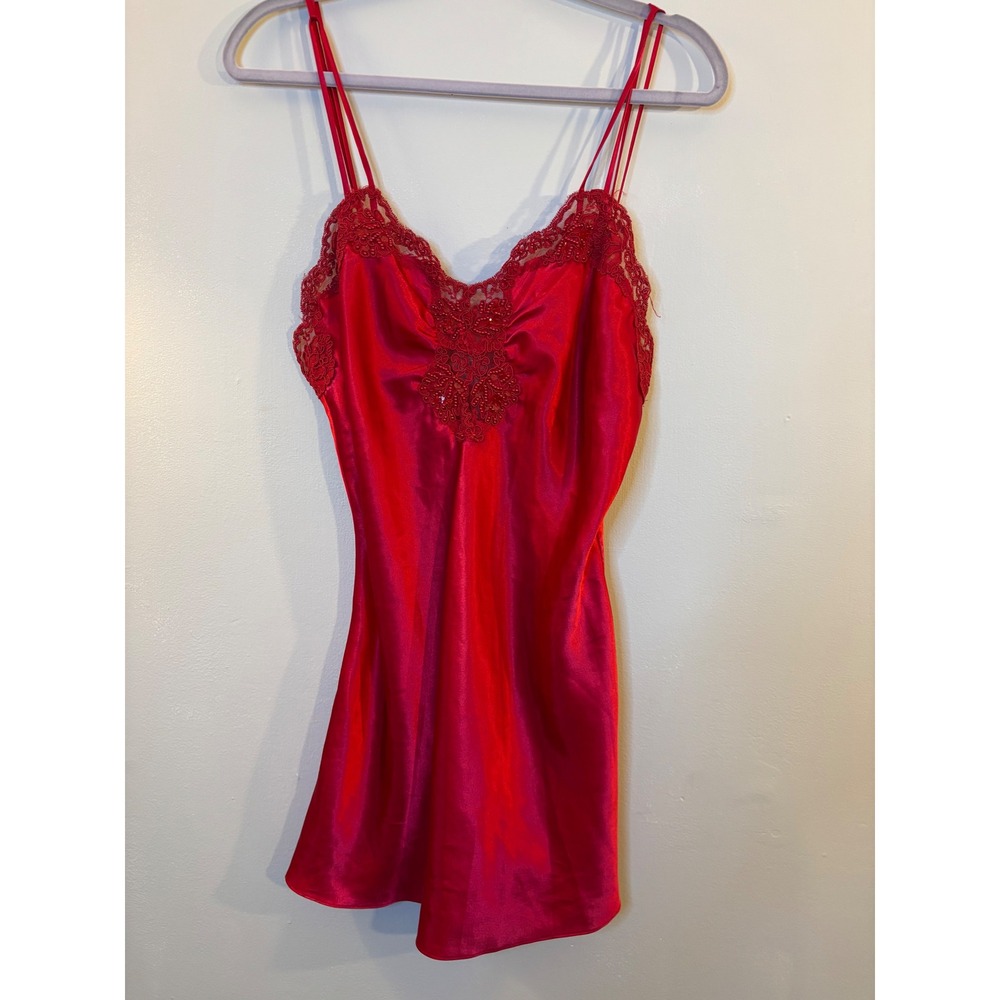 VTG Victoria's Secret Red Satin Lac & Beaded Nightie Chemise M Gold Label